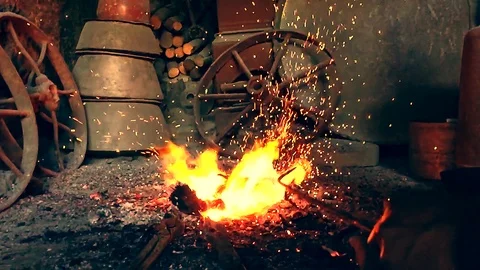 Fire in the furnace in the smithy Video stock 101250993
