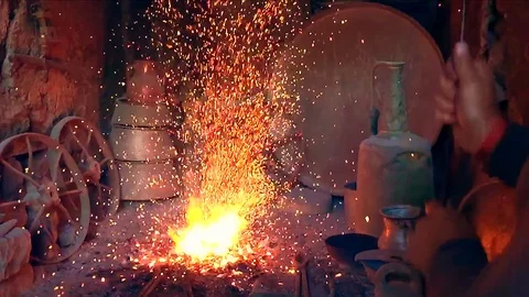 Fire in the furnace in the smithy Video stock 101266730