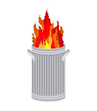 Fire In garbage can. Trash can burns. Illustrazione stock