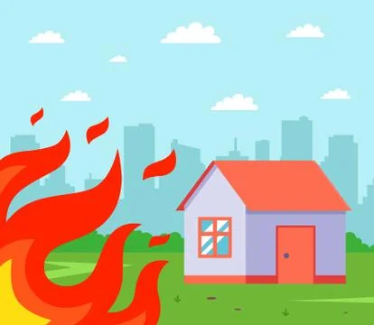 The fire gets close to the private house. fire near the building. Stock Illustration