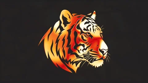 Fire Gold Tiger Head Symbol Power Dark Background Seamless Loop Video 스톡 동영상 340460237
