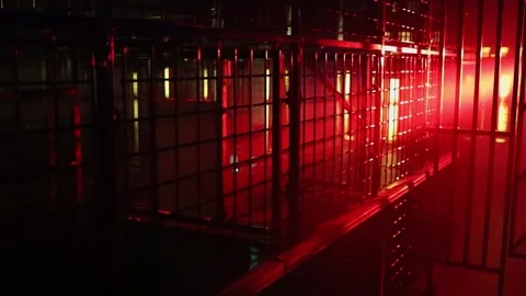 Fire guard training facilities with cages and lattices lit by red light Stock Footage 276368558