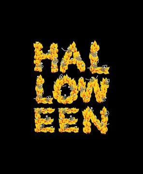 Fire Halloween letters. Skeletons in hell. Sinners in inferno. Satanic symbol Stock Illustration