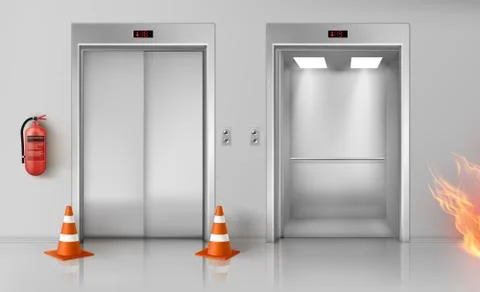 Fire in hallway, elevator doors and extinguisher Stock-Illustration