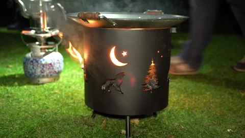 Fire in the hearth at the campsite at night Stock Footage 277785472