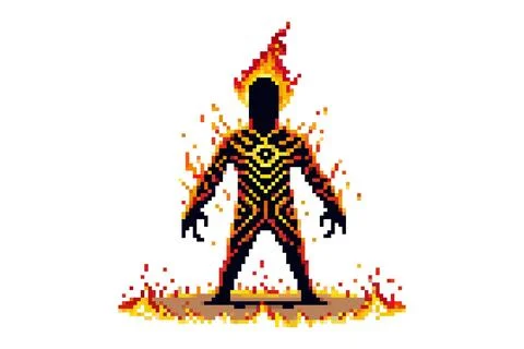 Fire hero with blazing armor in a dynamic pose ready for battle Stock Illustration