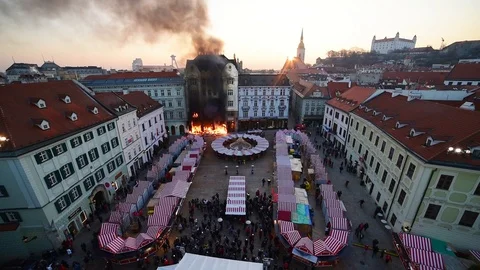 Fire in Historical Building on Square Stock Footage 99008602