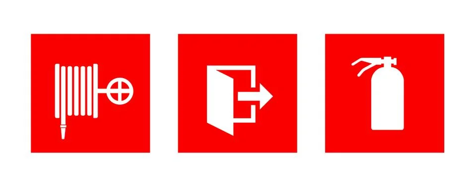 Fire hose, Fire Exit and Extinguisher vector flat icon isolated. Stock Illustration