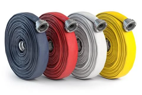 Fire hose soft pipes of different colors isolated on white. Firefighter equ.. Stock Illustration