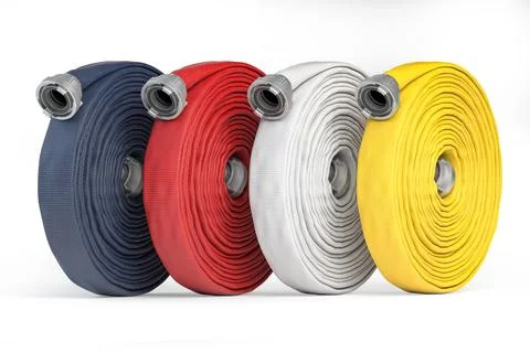 Fire hose soft pipes of different colors isolated on white. Firefighter equ.. Stock Illustration