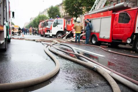 Fire hoses on the background of fire trucks and firefighters at work Stock Photos