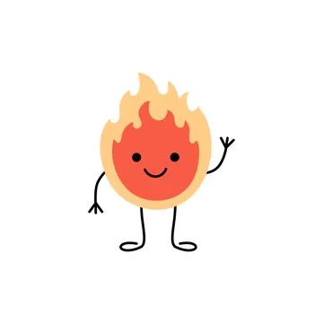 Fire, hot flame with face, cute emoji character. Energy, burn. Happy fire gre Stock Illustration