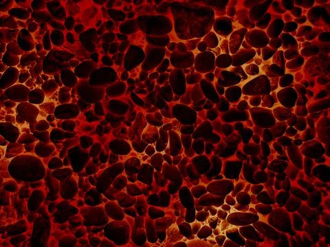 Fire hot lava flowing under and around volcanic rock in a overhead volcano sc Stock Photos