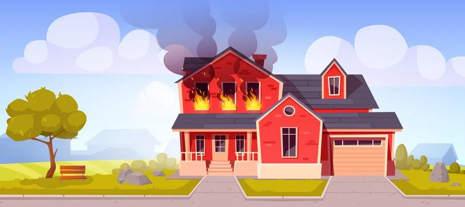 Fire in house, burning two-storey suburban cottage Stock Illustration