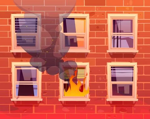 Fire in house, window with burning flame tongues Illustration