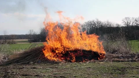 Fire - Huge Grass Pile Burning in the wind - 4K Stock-Footage 266545529