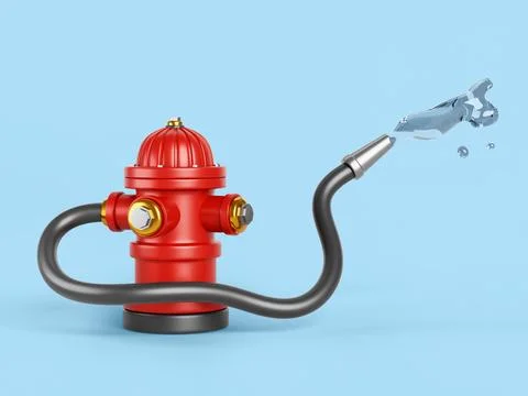 Fire hydrant 3d icon render. Red column with connected fire hose sprays water Stock Illustration