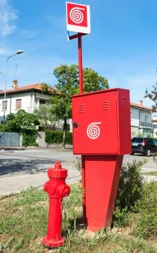 Fire hydrant and container for the fire hose, and fire workplace signal Stock Photos