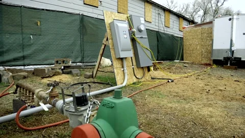 Fire hydrant with burned building in background Stock Footage 234083664