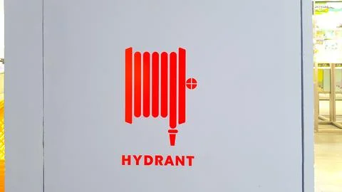 Fire hydrant for fire emergency. Red fire hydrant icon on the wall. 스톡 사진