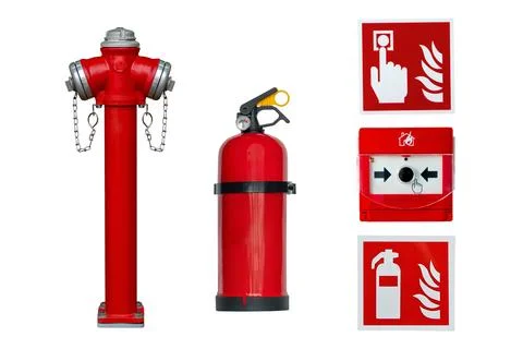 Fire hydrant, fire extinguisher, fire alarm button and safety sign  isolate.. Stock Photos