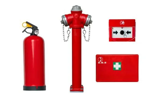 Fire hydrant, fire extinguisher, first aid kit and fire alarm isolated on w.. Stock Photos