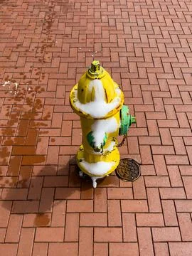 Fire hydrant with foam spilling on a brick sidewalk in an urban area during.. Фото