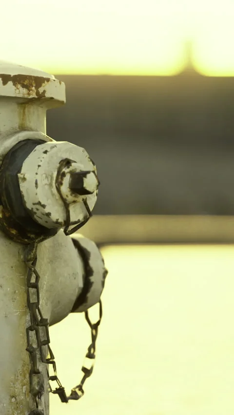 Fire hydrant near water during sunset with light reflection in background Stock Footage 334171363
