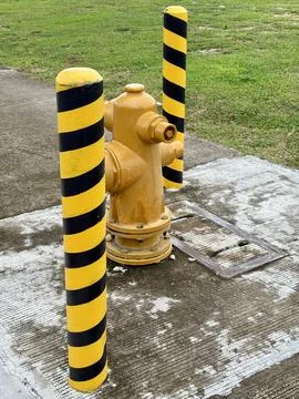 Fire Hydrant Protected by Safety Bollards on Concrete Pavement Stock Photos