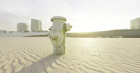 Fire hydrant on sandy beach with city buildings in the background at sunset Ilustración de archivo