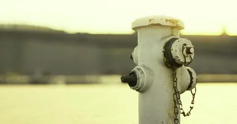 Fire hydrant standing near water during golden hour in urban area Stock Illustration