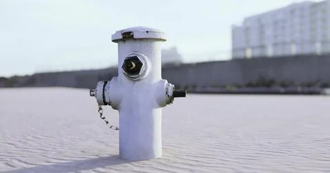 Fire hydrant standing on sandy beach with ocean backdrop during daytime Illustrazione stock