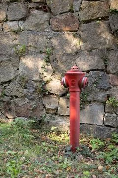 Fire hydrant stands against a rustic stone wall, blending nature and urban Stock Photos
