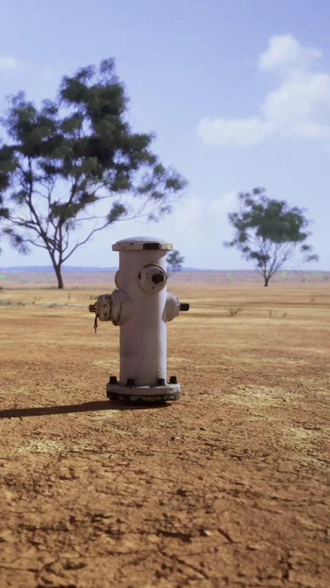 Fire hydrant stands alone in dry landscape under clear sky near trees Stock Footage 336583793