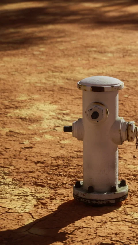 Fire hydrant stands alone on dry ground in an open area under sunlight Stock Footage 336584044