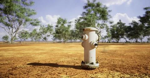Fire hydrant stands alone in dry landscape under bright blue sky Stock Illustration