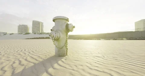 Fire hydrant stands alone on sandy beach under warm evening light Stock Footage 308204892