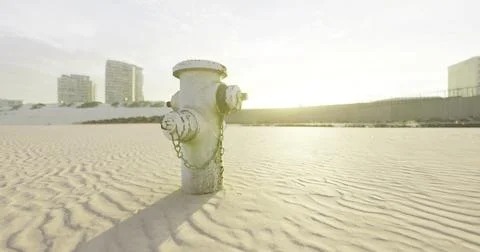 Fire hydrant stands alone on sandy beach under warm evening light Illustrazione stock