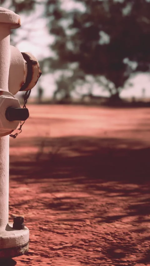 Fire hydrant stands on dirt ground under the trees in open area Stock Footage 337959842