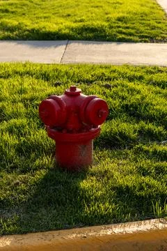 Fire hydrant stands on green grass during evening light near sidewalk in ur.. Stock Photos