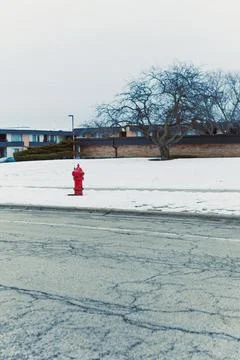 Fire hydrant stands on snowy ground beside road in residential area during .. Stock Photos