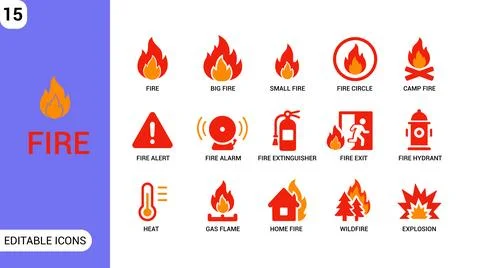 Fire Icon Set. Fire Safety, Alarm, Emergency, Flame, Extinguisher and Hazard Stock Illustration