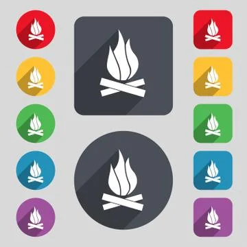 A fire icon sign. A set of 12 colored buttons and a long shadow. Flat design. 스톡 일러스트