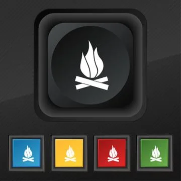 A fire icon symbol. Set of five colorful, stylish buttons on black texture fo Stock Illustration