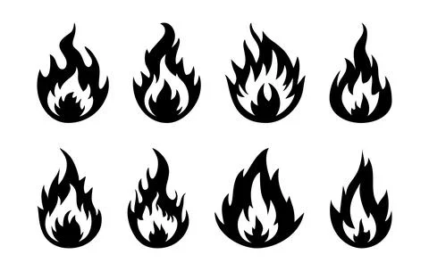 Fire icons. Set of bright burning flame and bonfire icons. Burn sign collection Stock Illustration