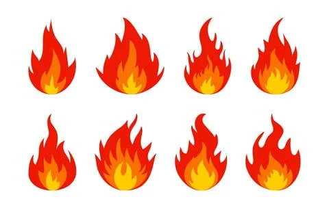 Fire icons. Set of bright burning flame and bonfire icons. Burn sign collection Stock Illustration