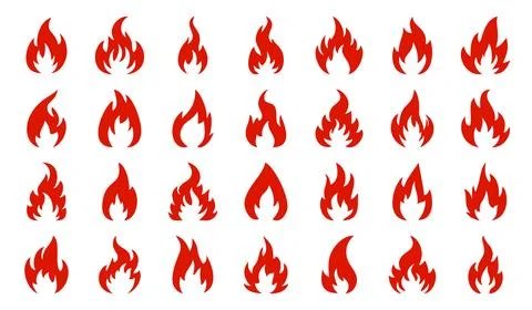 Fire icons. Set of bright burning flame and bonfire icons. Burn sign collection Stock Illustration