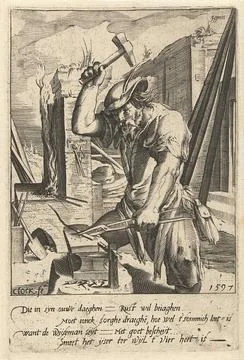 Fire; Ignis; The four elements. A blacksmith at work in his blacksmith. He... Stock Photos