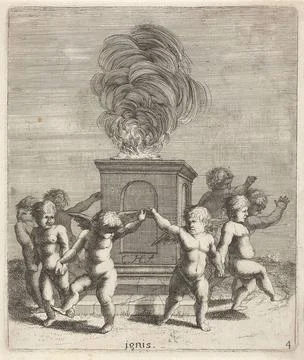 Fire; Ignis; The four elements. Dancing putti to a column on which a flami... Stock Photos