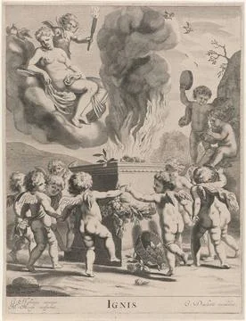 Fire; Ignis; The four elements. Putti dancing hand in hand around a sacrif... Foto stock